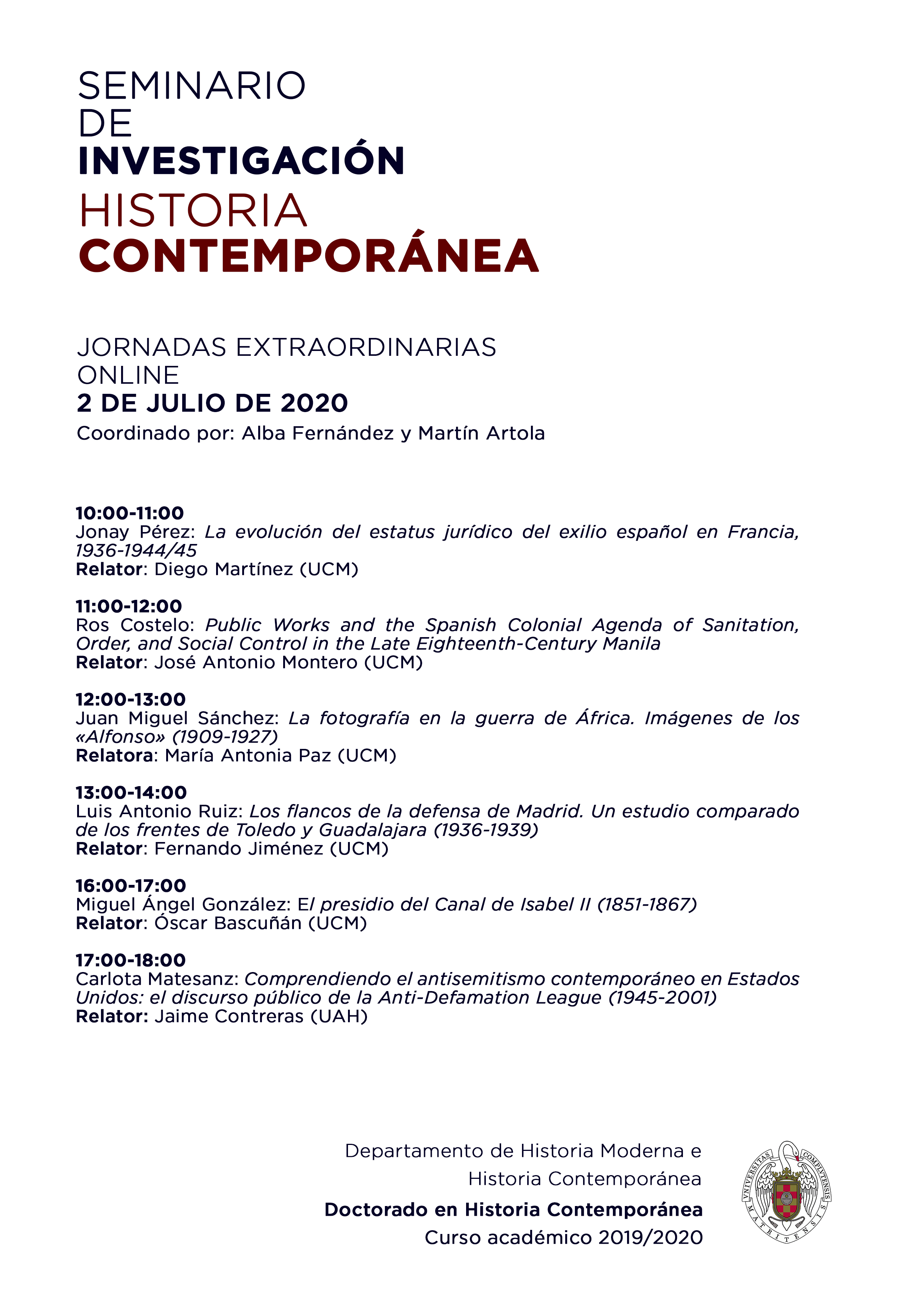 Seminario de Investigación de Historia Contemporánea - Jornadas extraordinarias online - 2 de julio de 2020